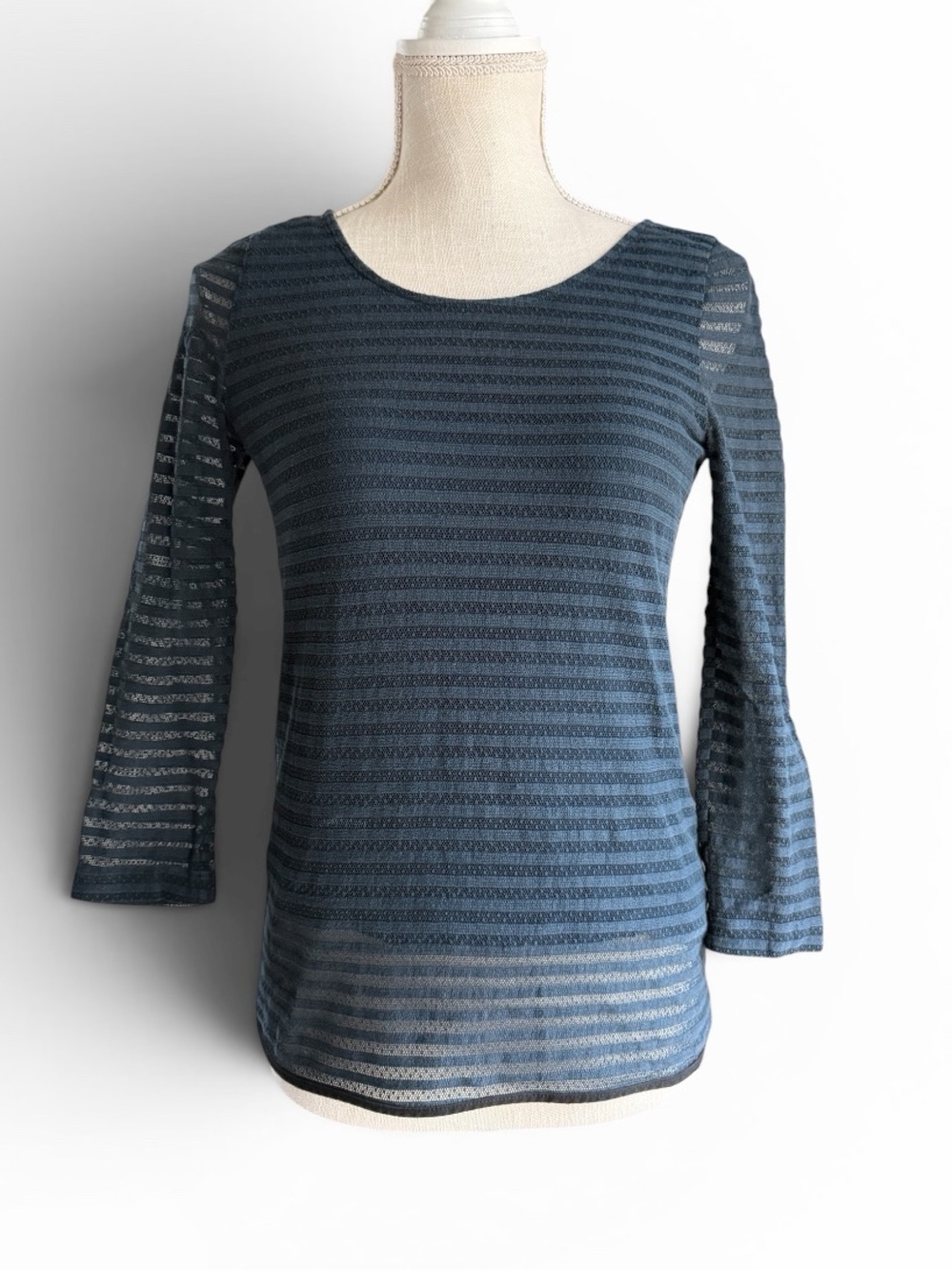 Sezane Navy Striped Sheer Long Sleeve Top
